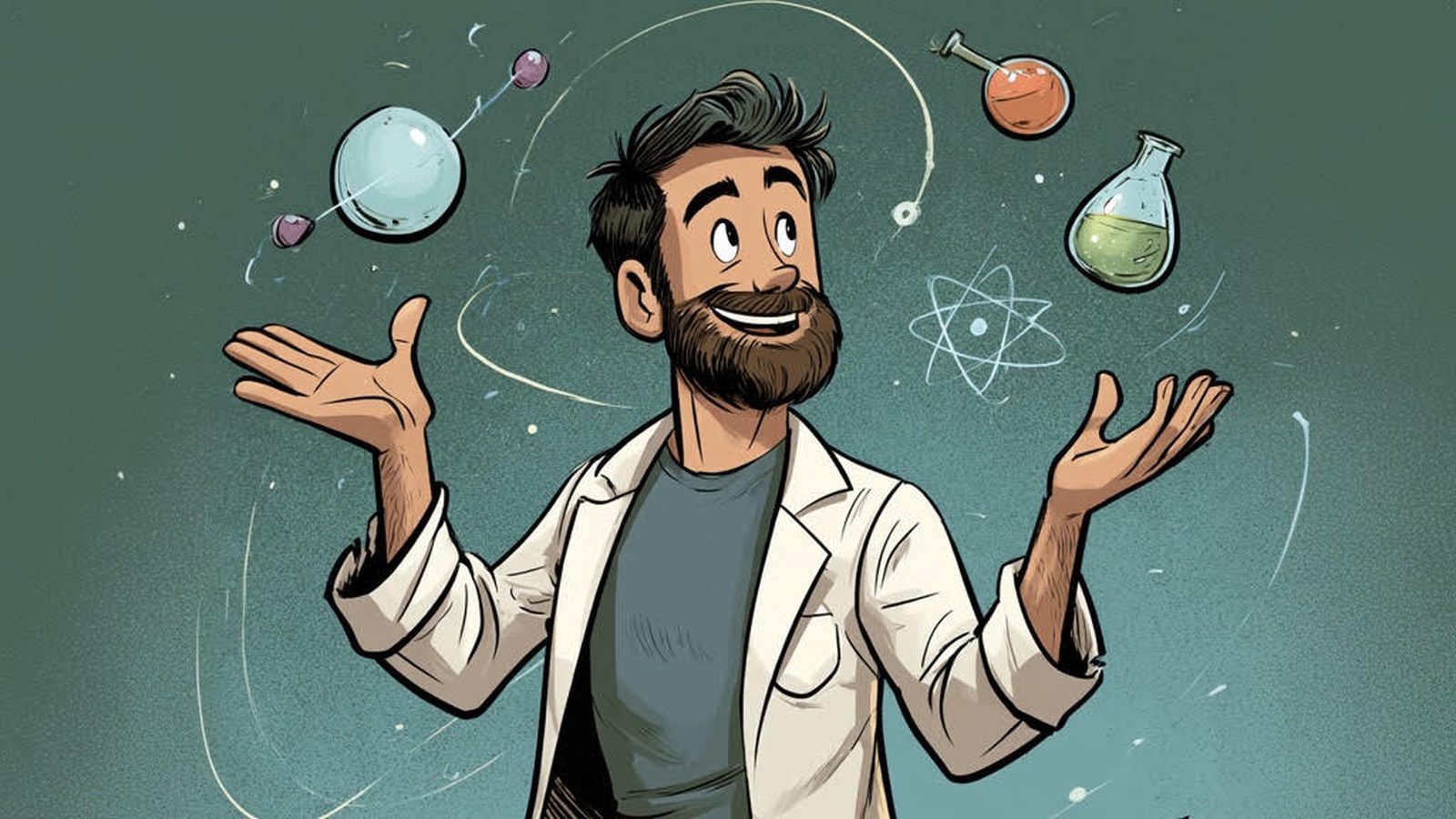 Mr. Resio in a lab coat juggling science flasks and an atom